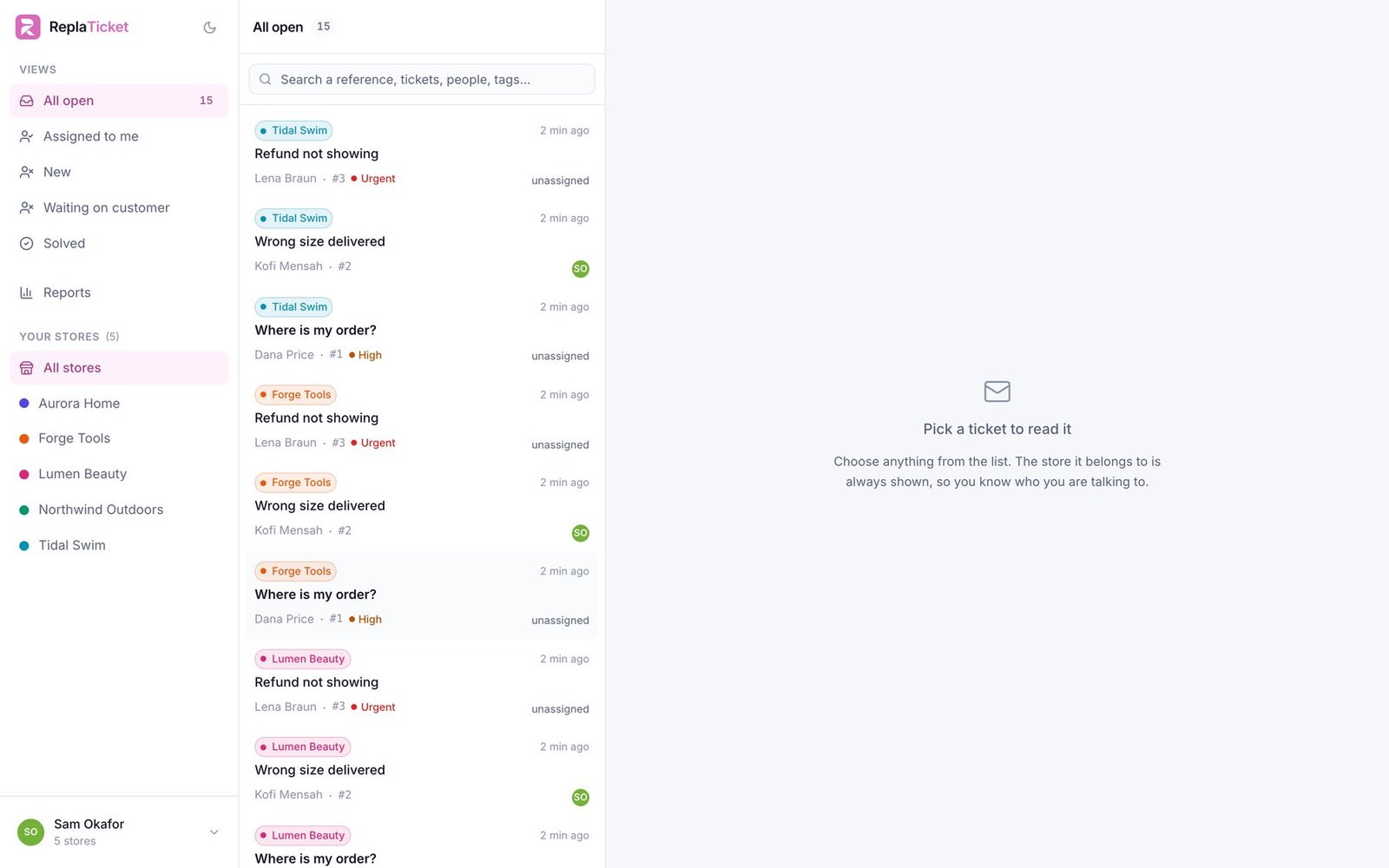 The ReplaTicket inbox: tickets from five stores in one list, each labelled with the store it came from, with priority, assignee and waiting time