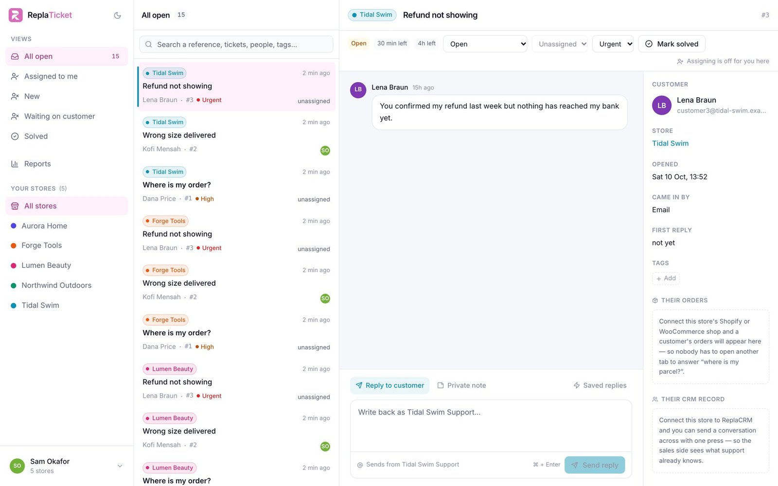 A single ReplaTicket ticket: the customer's message, first-response and resolution timers, status, priority, assignee, and the customer's store and history beside it