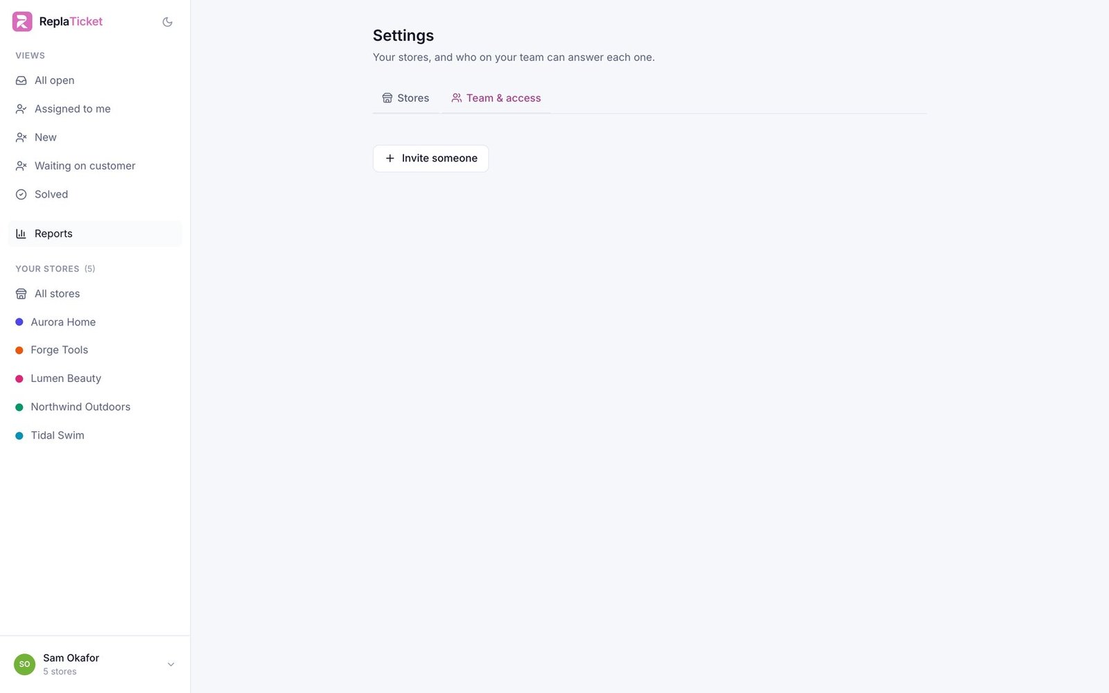 ReplaTicket Team and access: who is on the team, their role, and which stores each person may answer