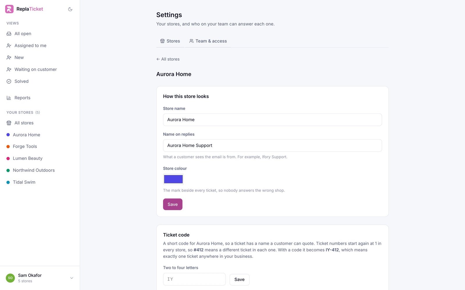 ReplaTicket store settings: a store's name, the name it replies under, its colour and its ticket code