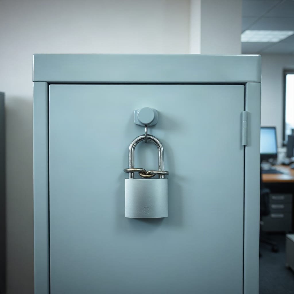 A closed metal filing cabinet locked shut with a heavy padlock and chain.
