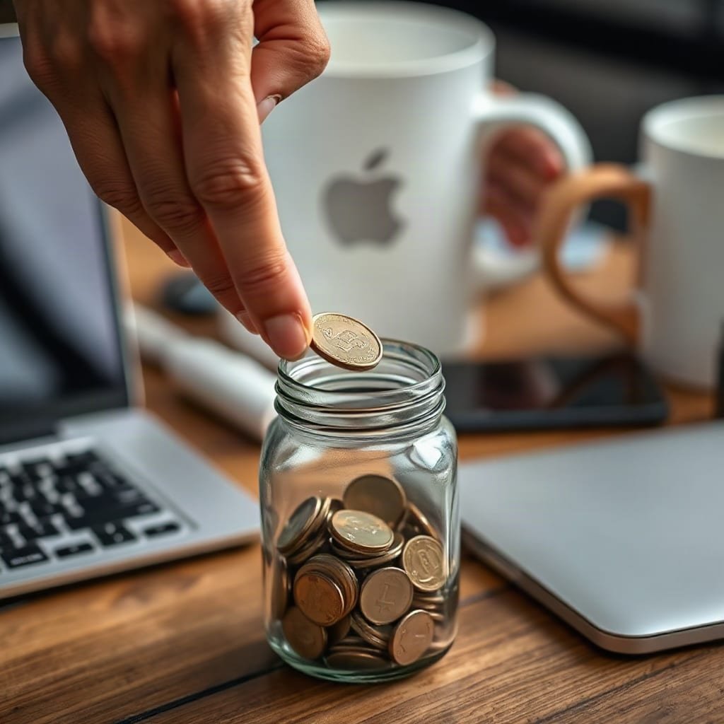 A hand drops a coin into a glass jar holding a few coins on a wooden desk, symbolizing a free plan with limited capacity.