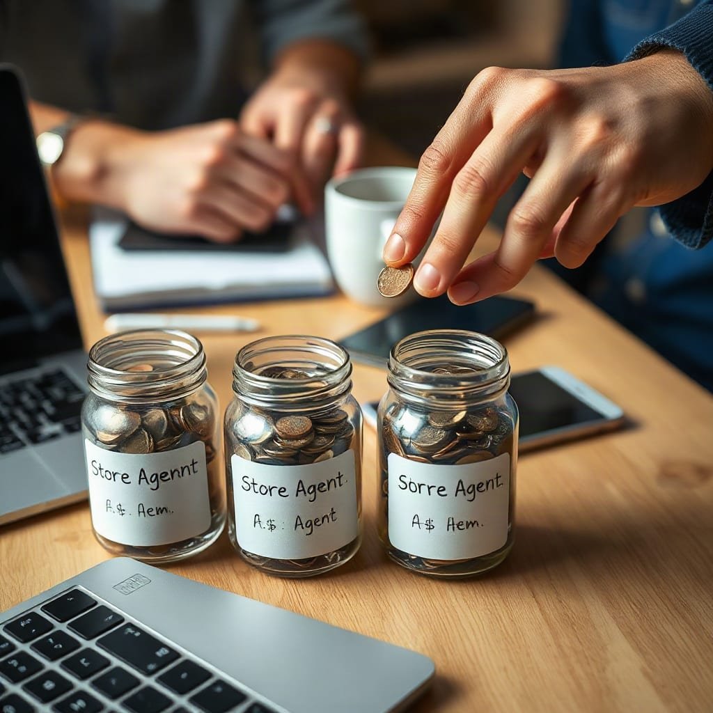 A hand drops coins into a row of small glass jars lined up on a counter.