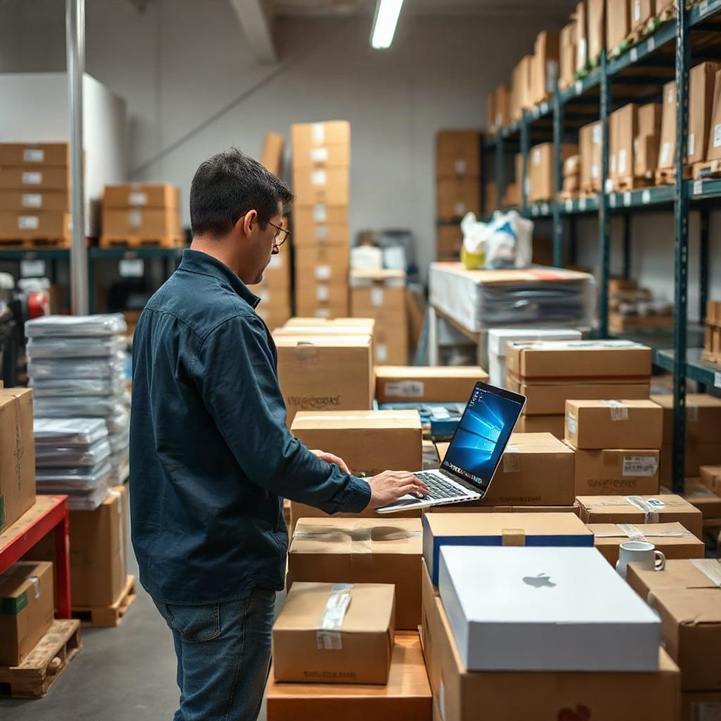 A person at a packing table sorting plain cardboard boxes and assorted products into separate piles in a small stockroom.