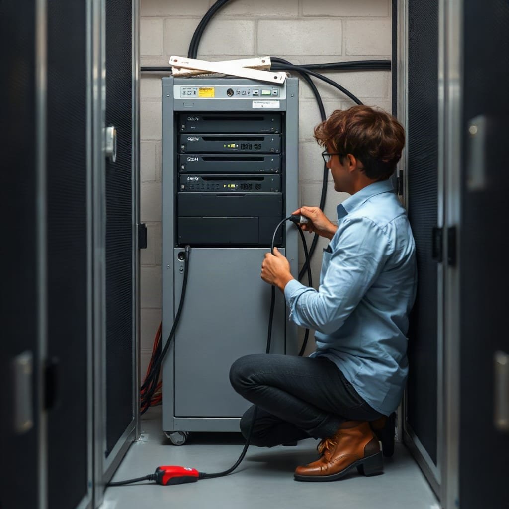 A person kneeling in a storage closet, connecting a network cable to a small server in a rack.
