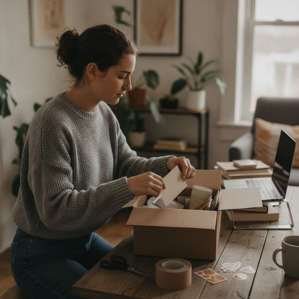 A person packing an order into a cardboard box at a home workstation, a closed laptop nearby.