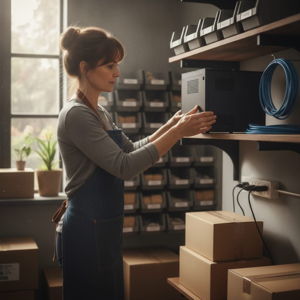 A person places a compact mini server on a shelf in a tidy back office beside a coiled network cable.