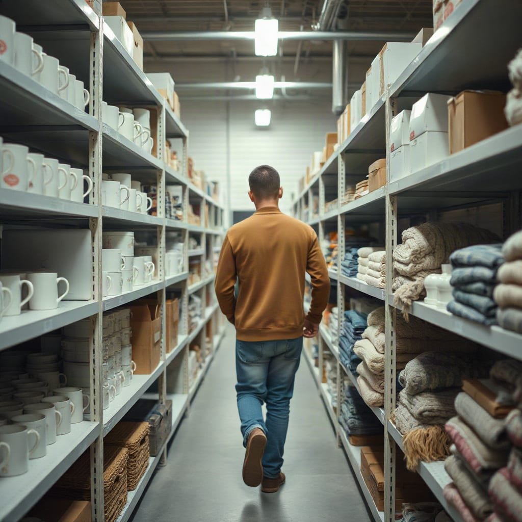 A person reaches for a knitted scarf in a stockroom where mugs, candles and scarves sit on separate shelving sections.