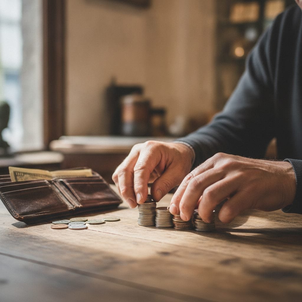 A person's hands arrange coins into small stacks next to an open leather wallet on a wooden desk.
