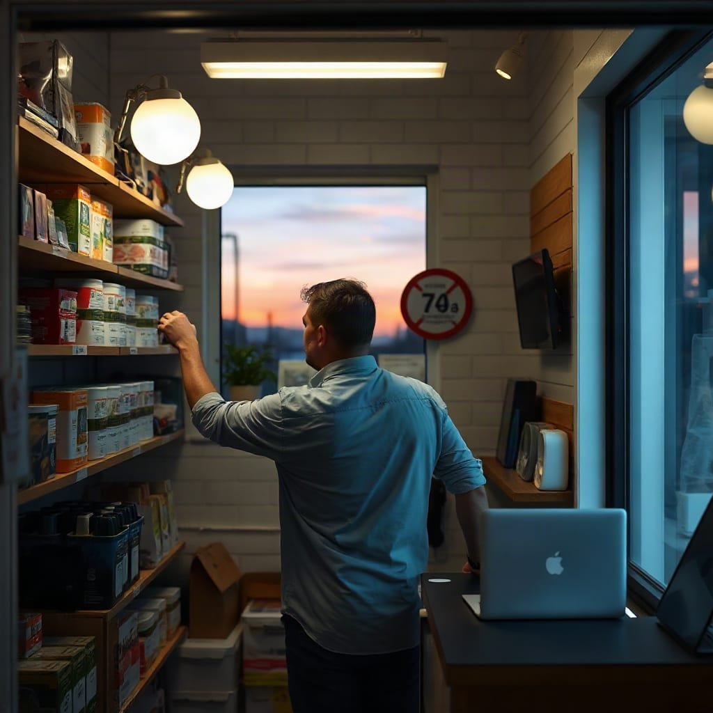 A person turns off the lights and closes the door of a small stockroom as evening falls outside the window.