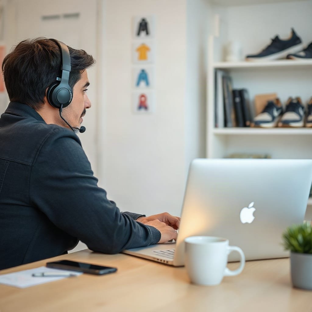 A person wearing a headset talks on a call at a home office desk, with a laptop facing away and assorted products on a shelf behind them.
