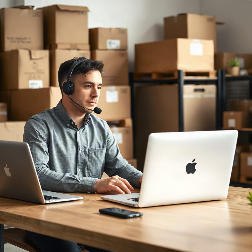 A person wearing a headset talks with a customer while holding a ceramic mug at a packing desk in a small stockroom.