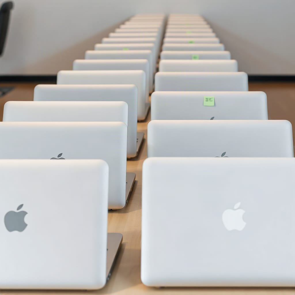 A row of closed laptops on a desk, each marked with a different colored flag to represent different software tools.