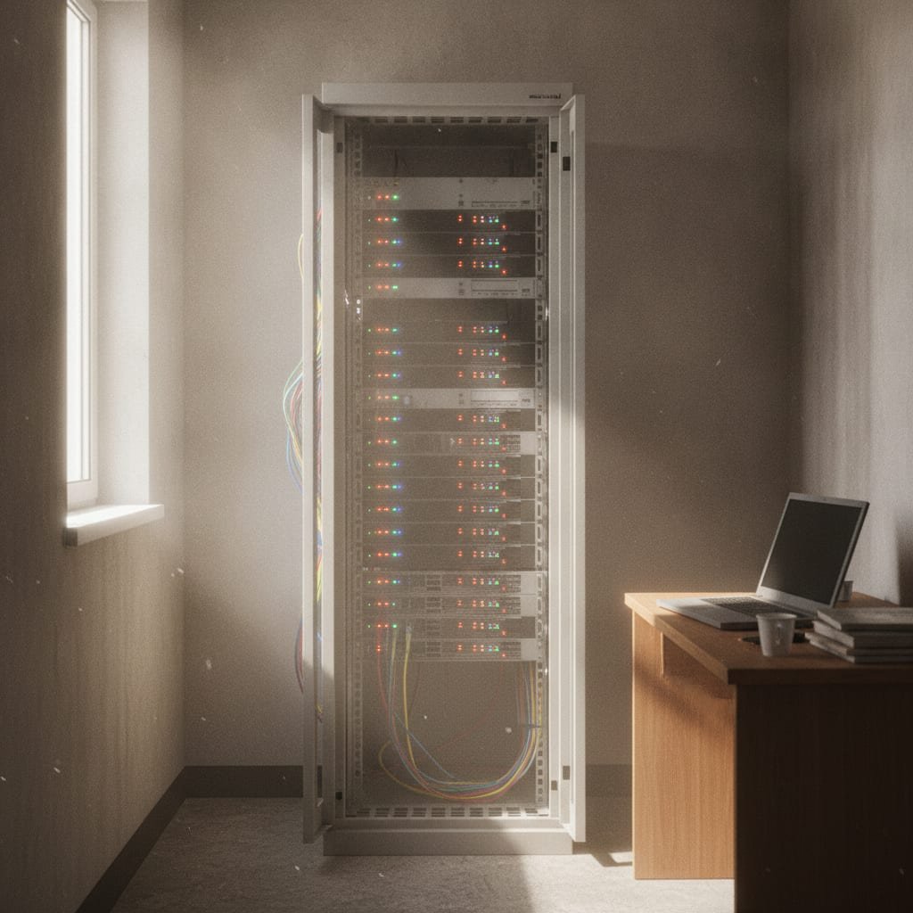 A server rack with several blinking indicator lights stands in a dim room.