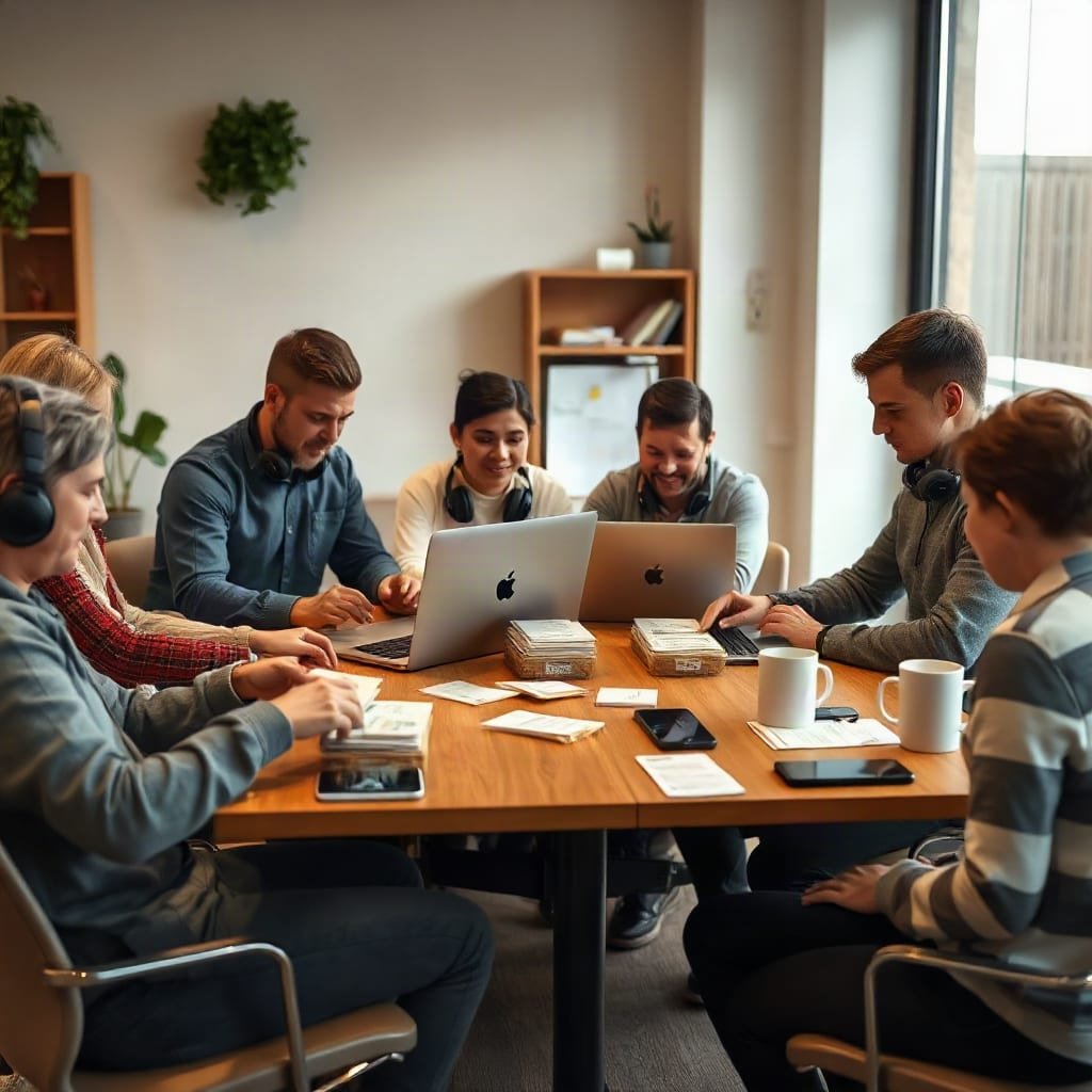 A small support team sits together at a table, sorting cards into organized trays while wearing headsets around their necks.