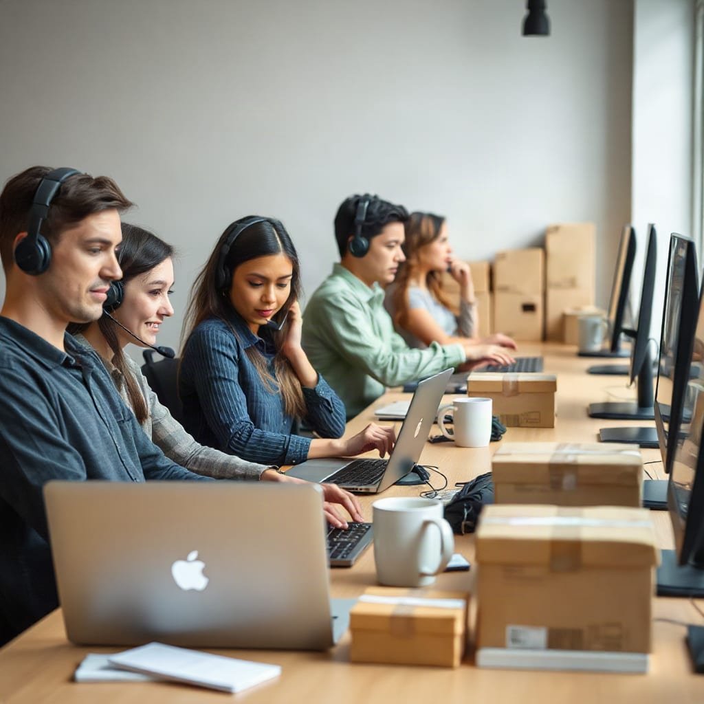 A small support team wearing headsets works together at a shared desk surrounded by labeled shipping boxes from different stores.