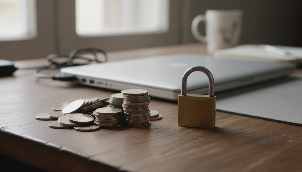 A stack of coins sits beside a small padlock and a closed laptop on a wooden desk.