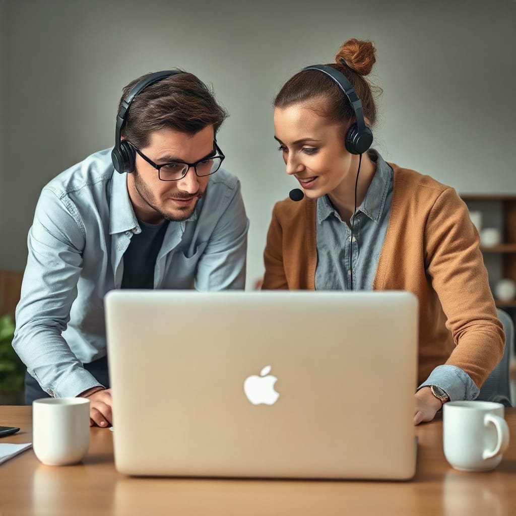 A support agent guiding a new seasonal colleague at a desk, both wearing headsets.