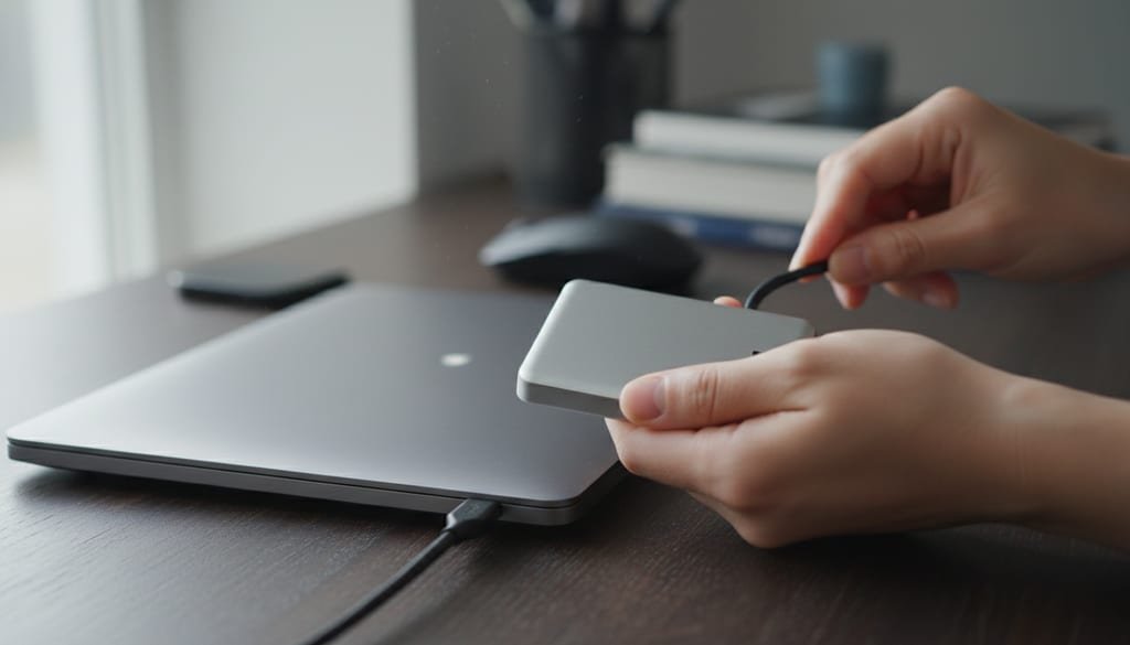 Hands connect a small external backup drive to a closed laptop on a desk.