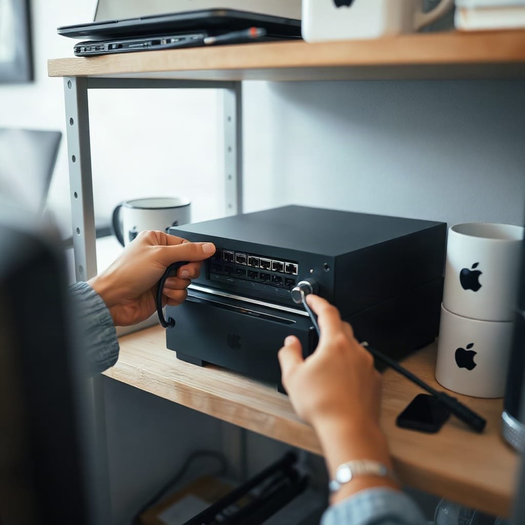 Hands connecting a network cable to a compact server on an office shelf.