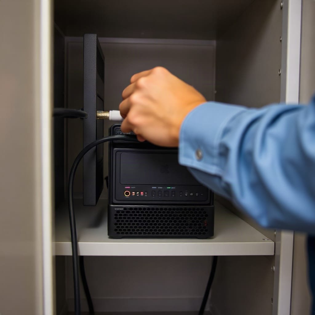 Hands connecting a network cable to a small server sitting on a shelf in an office closet.
