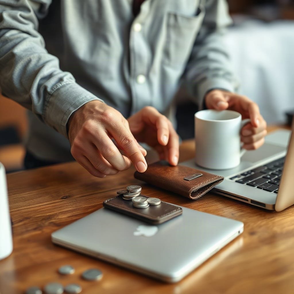 Hands counting coins next to an open leather wallet on a wooden desk.