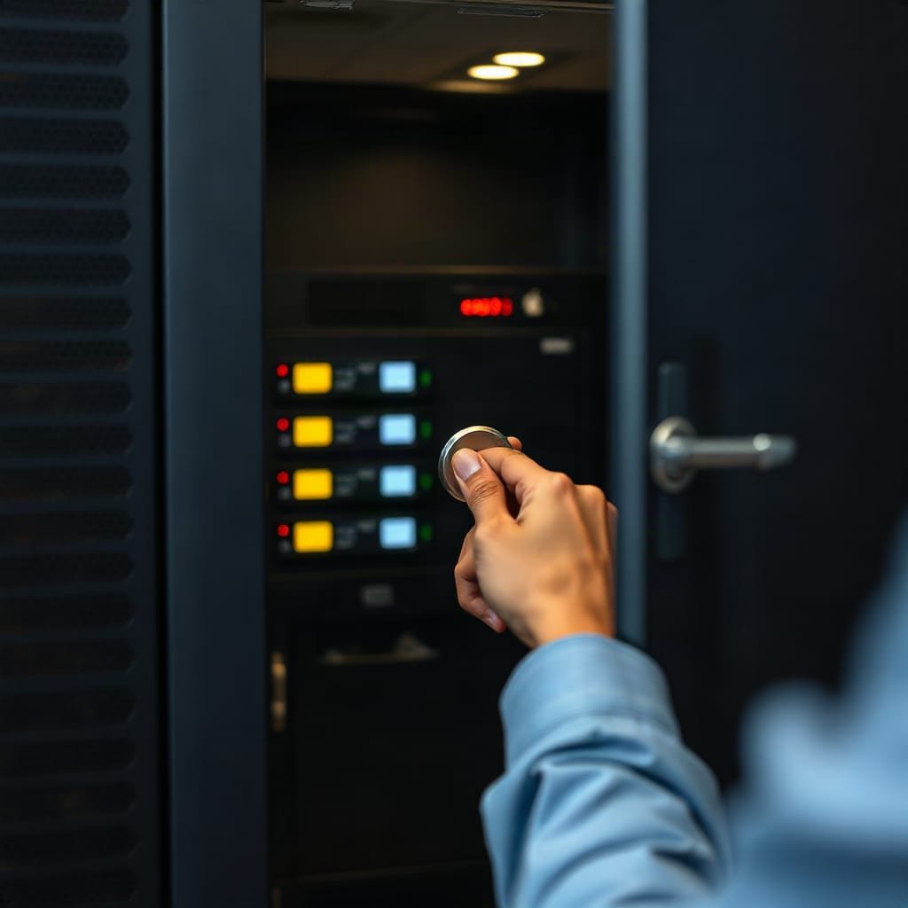 Hands turning a key in the lock of a metal server cabinet with small lights glowing through its vents.