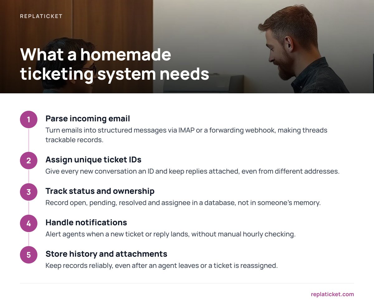 What a homemade ticketing system needs: 1. Parse incoming email; 2. Assign unique ticket IDs; 3. Track status and ownership; 4. Handle notifications; 5. Store history and attachments