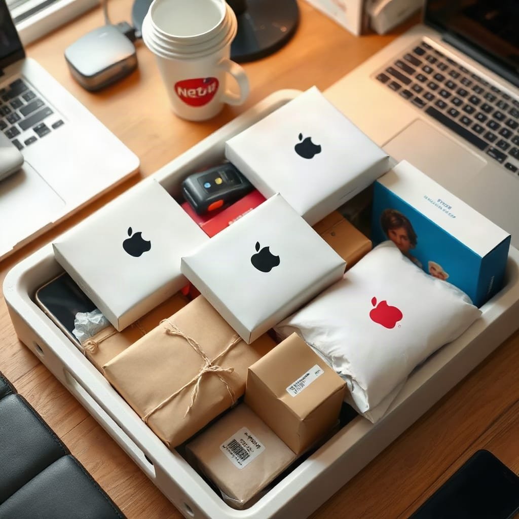 Multiple small packages from different stores sit together in a single inbox tray on an office desk.