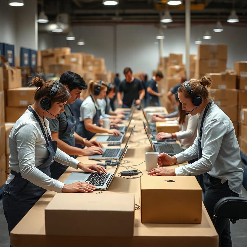 Several helpers wearing headsets working at a long table among stacked shipping boxes during a busy season.