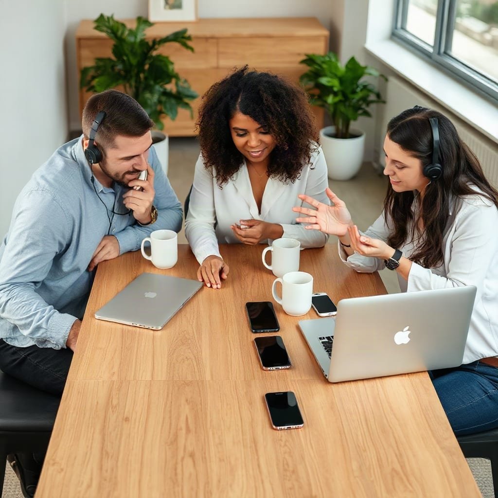 Three colleagues at a shared table, one on a phone call while the other two talk, with phones lying face down on the table.