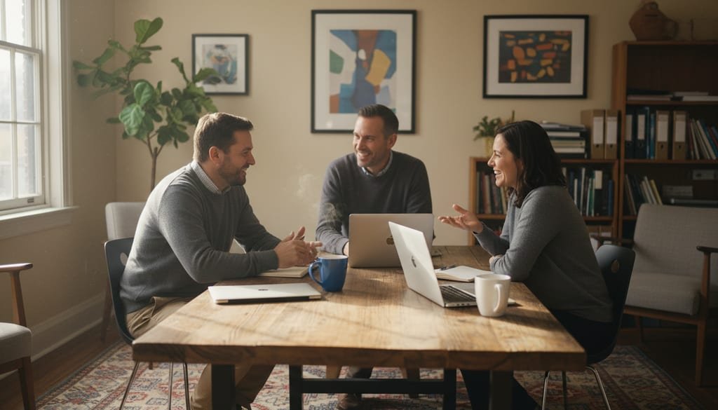 Three colleagues talking around a shared table in a small office, laptops closed beside their coffee mugs.