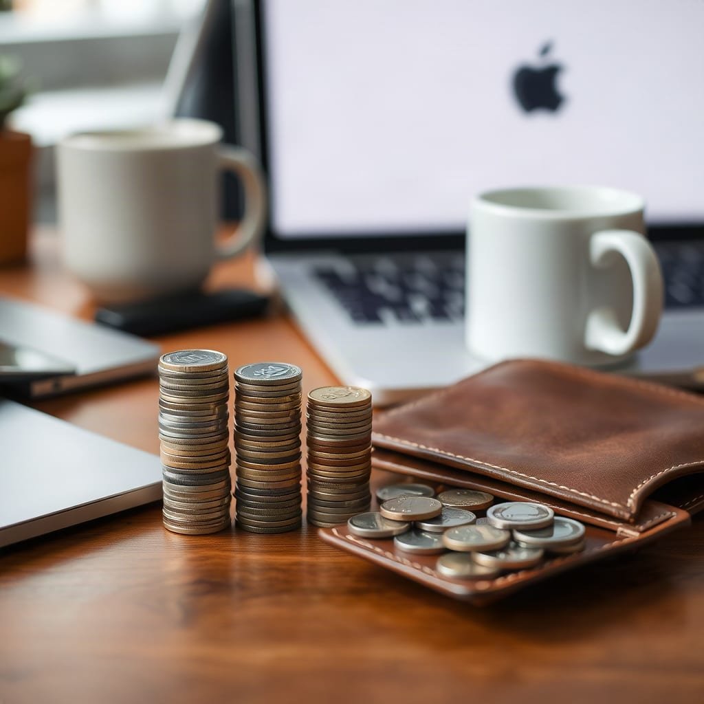 Three growing stacks of coins beside an open wallet on a wooden desk.