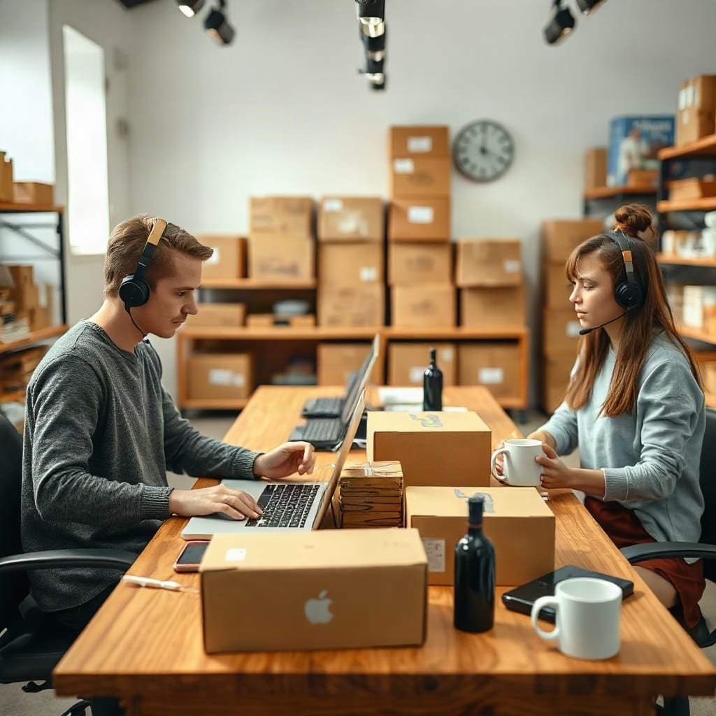 Three people in a small stockroom packing parcels and talking through headsets at a shared workbench.