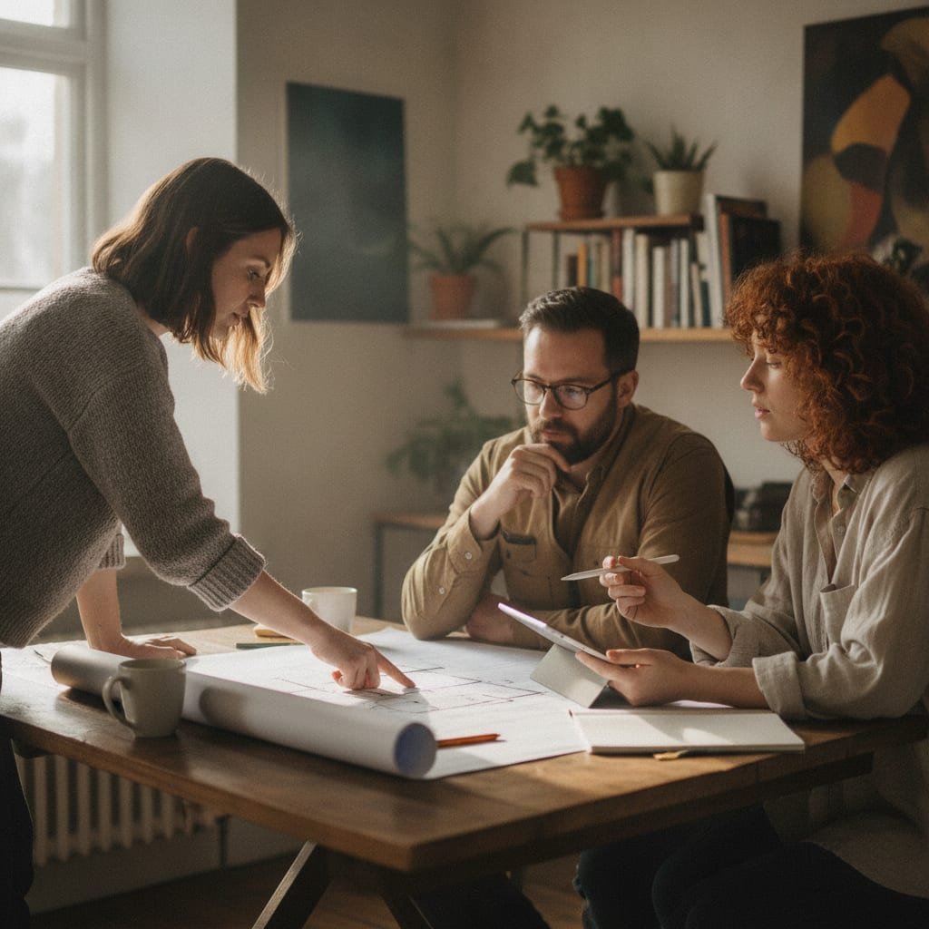Three people stand around a table discussing a printed page one of them is pointing to.