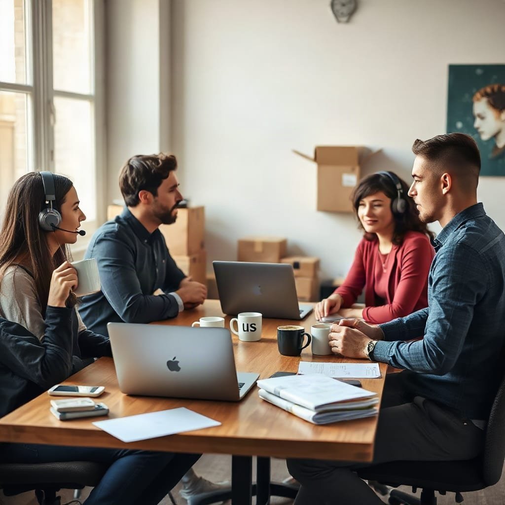 Three people talking around a shared office table with coffee mugs, a closed laptop, and stacked shipping boxes beside them.