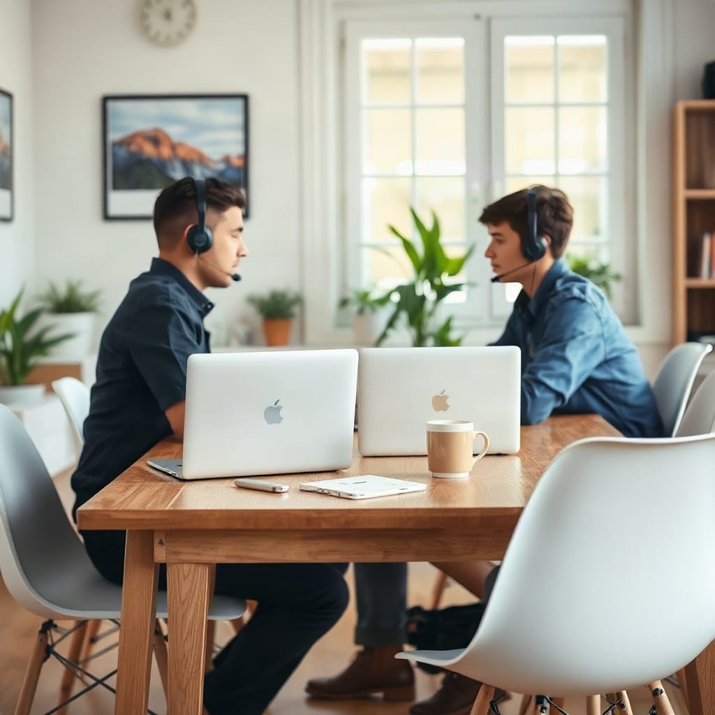 Three support team members working together at a shared table, two of them wearing headsets, with laptops turned away from view.