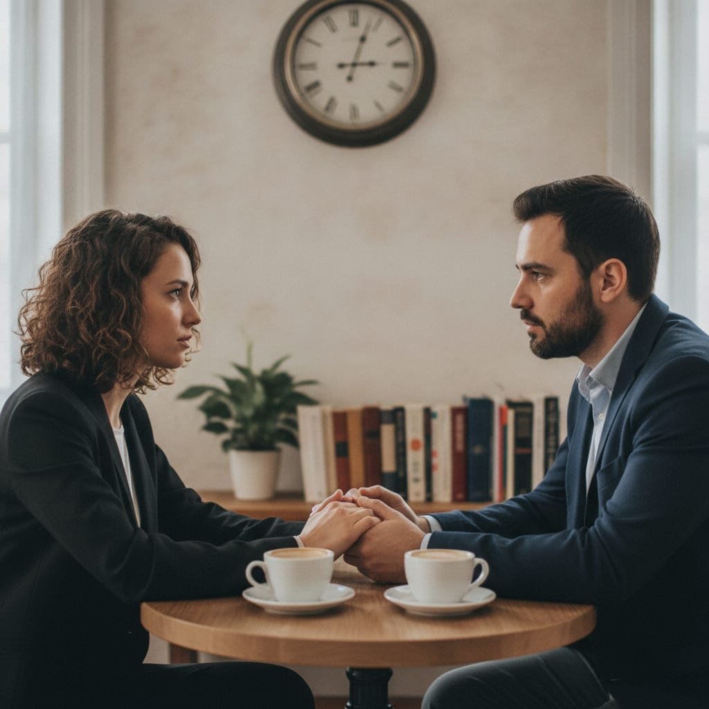 Two colleagues in a focused conversation at a small desk, coffee cups in hand and a wall clock behind them.