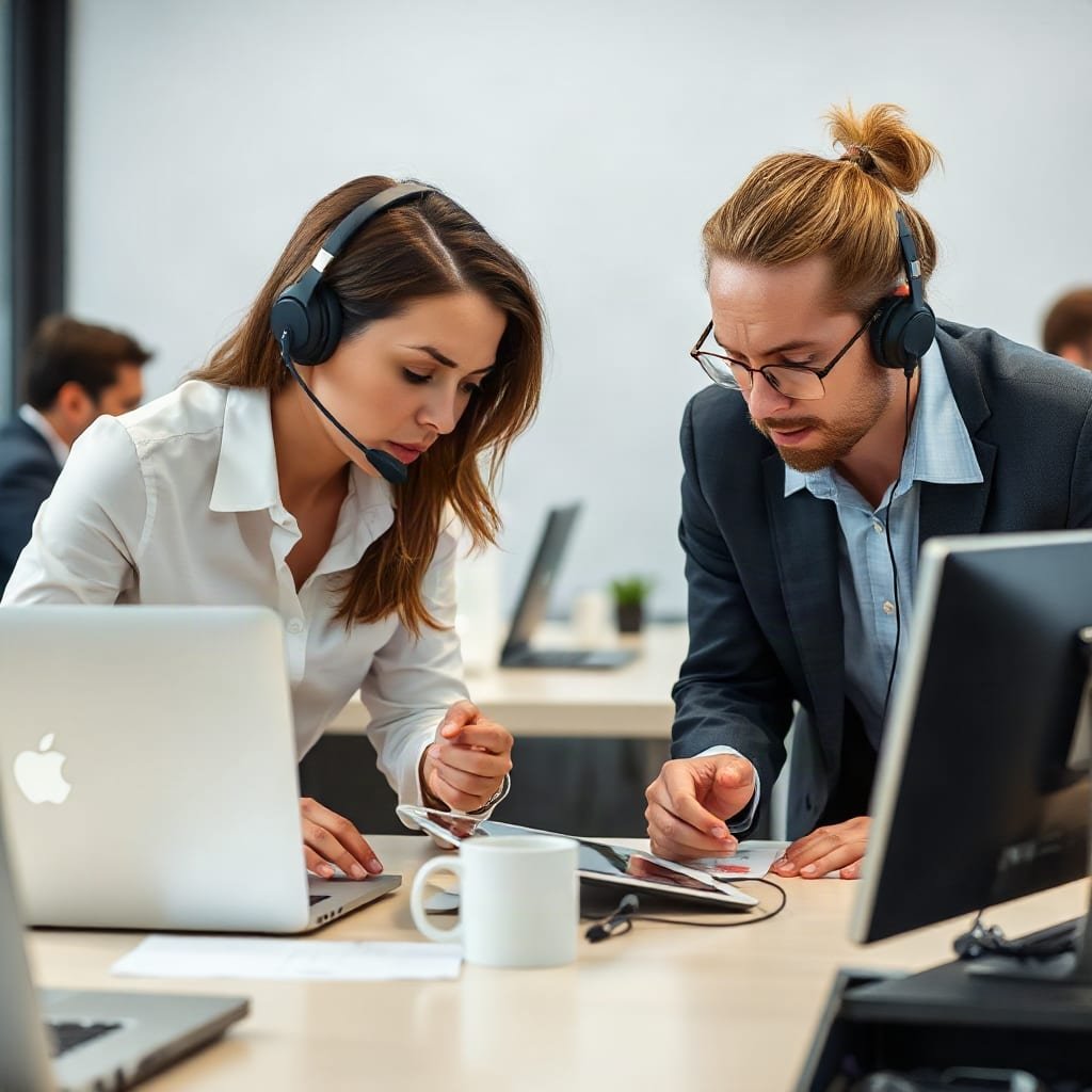 Two coworkers at one desk looking at each other in confusion, both holding headsets.