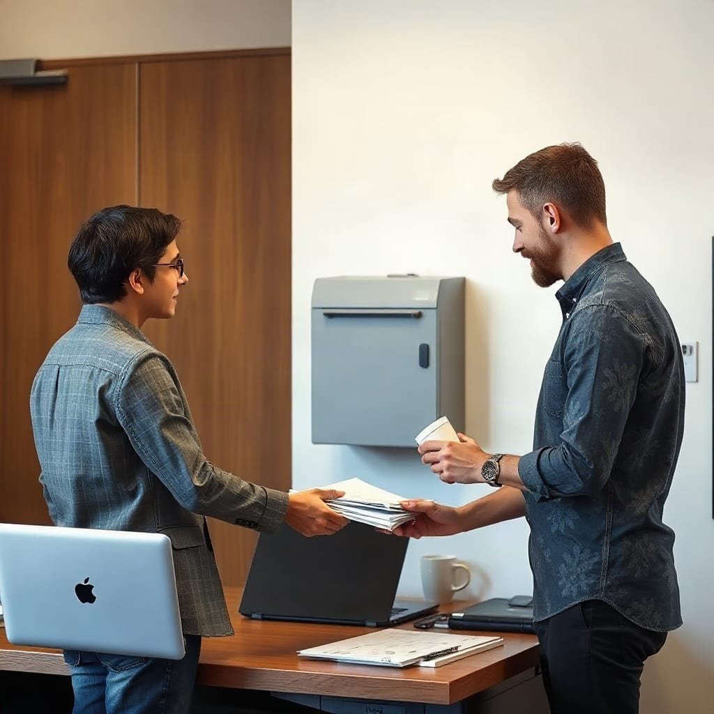 Two coworkers exchange a stack of papers near a shared wall-mounted mailbox, representing the limits of a single shared inbox.