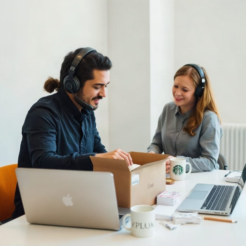 Two coworkers in a small workspace, one on a headset call and the other packing a candle into a box, talk with each other.