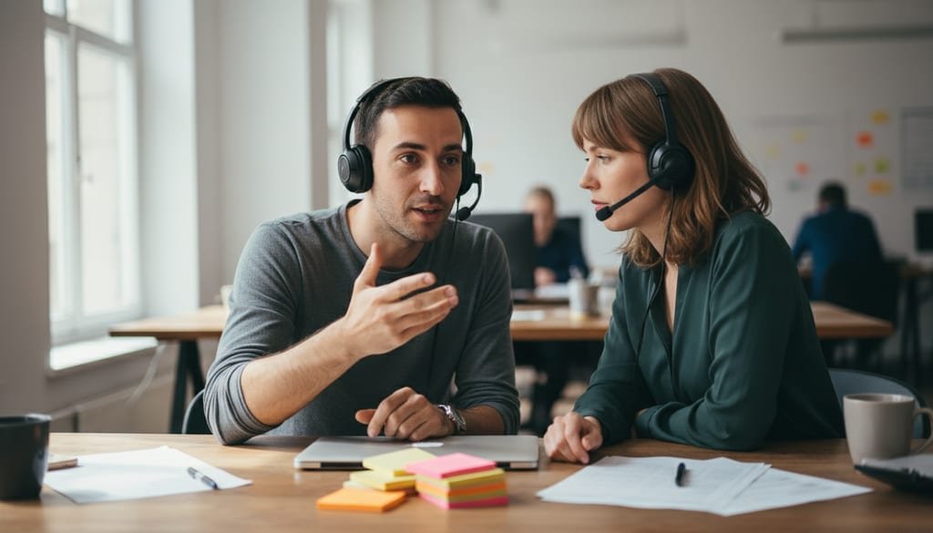 Two coworkers wearing headsets sit together at a desk having a conversation, with a closed laptop nearby.