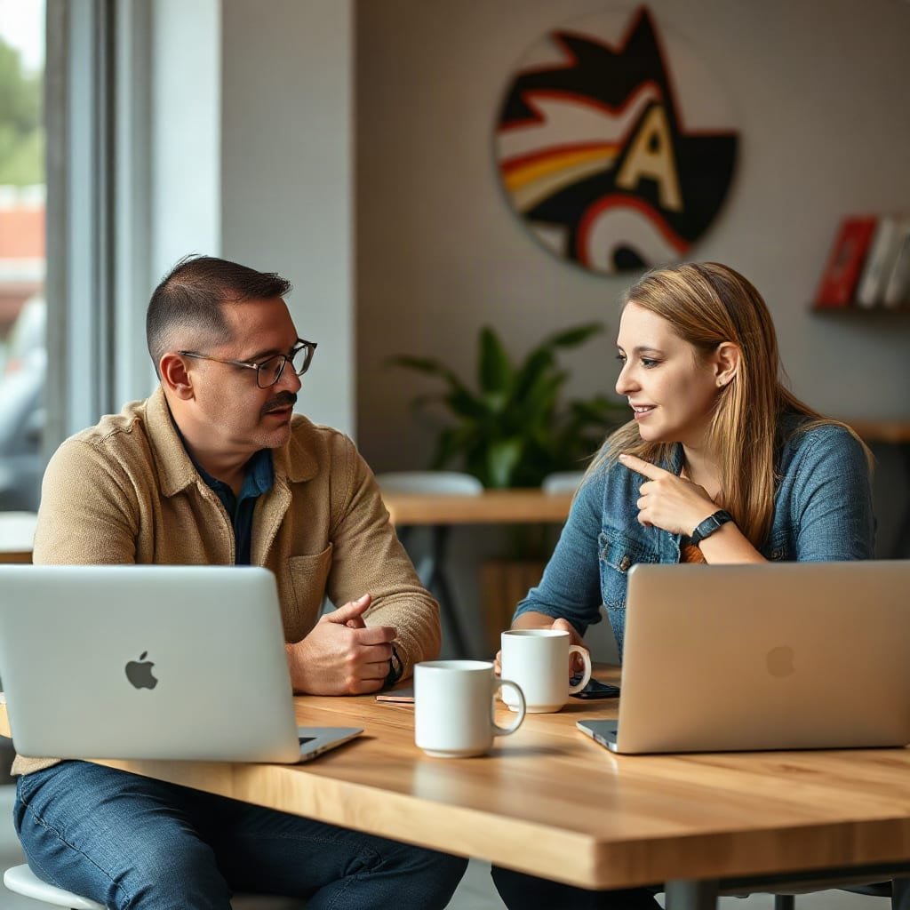 Two people talking across a café table with coffee cups and a closed laptop between them.