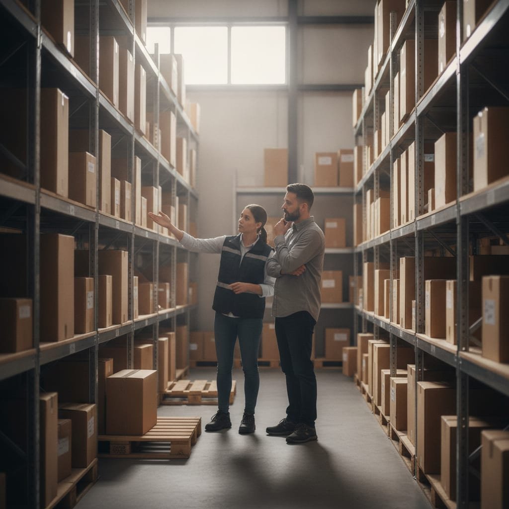 Two people talking in a stockroom lined with plain cardboard boxes, one pointing toward a shelf.