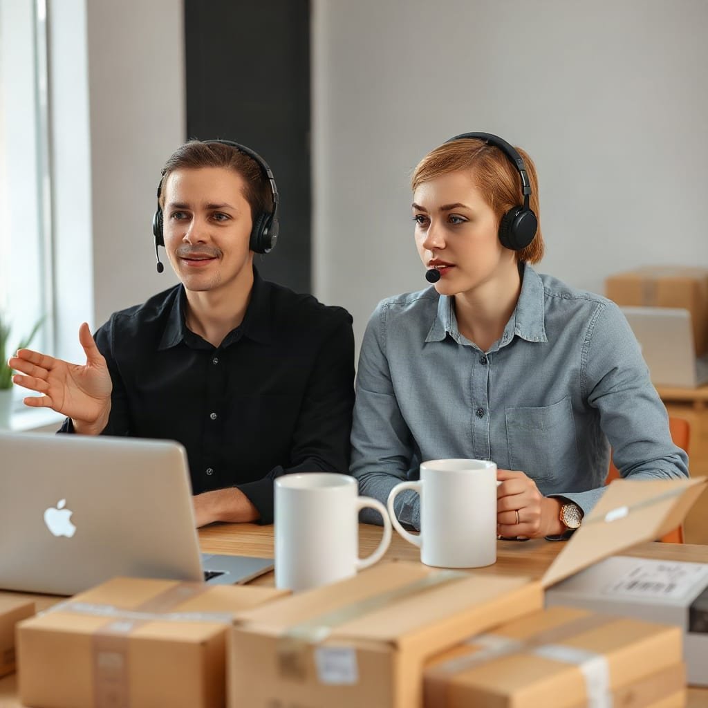 Two people wearing headsets at a shared desk, one explaining something to the other, with packed parcels around them.