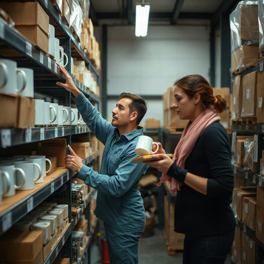 Two people working in a small storeroom, one taking a mug from a shelf and the other holding a folded scarf.