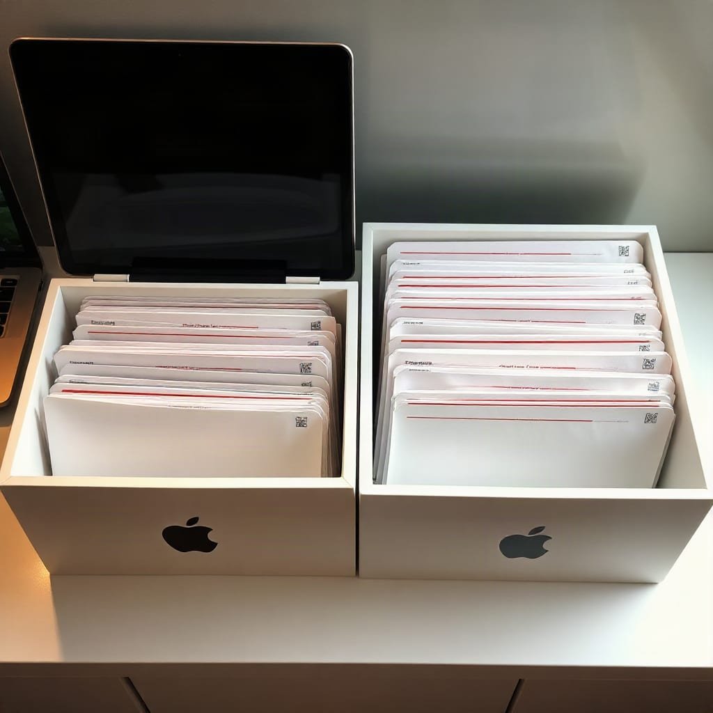 Two small separate mail trays stand beside one larger shared tray on a wooden desk.