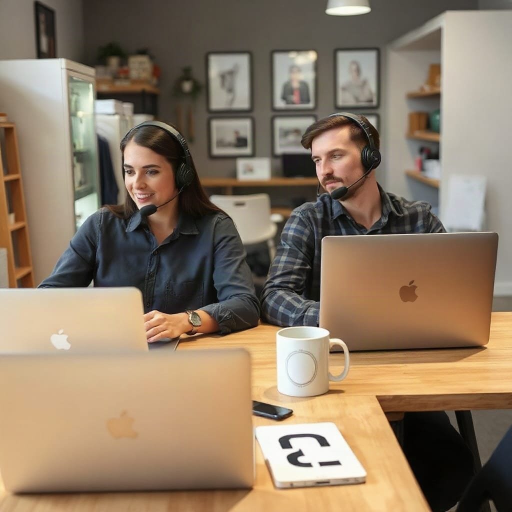 Two support staff in headsets working side by side at a shared desk in a small store's back room.